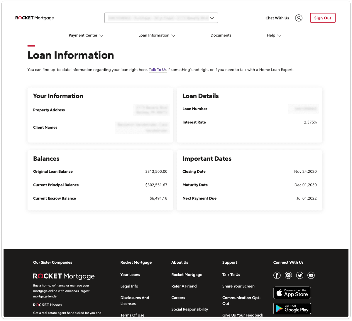 Existing loan info page