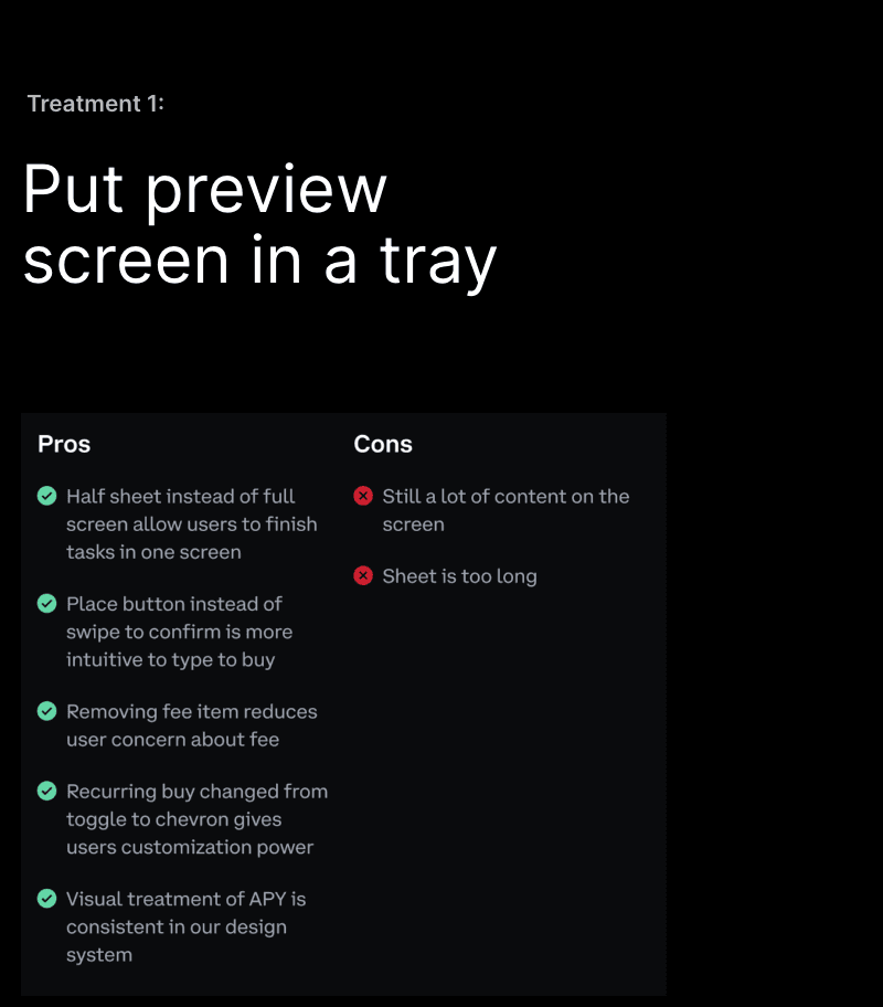 Treatment 1: Put preview screen in a tray — pros and cons