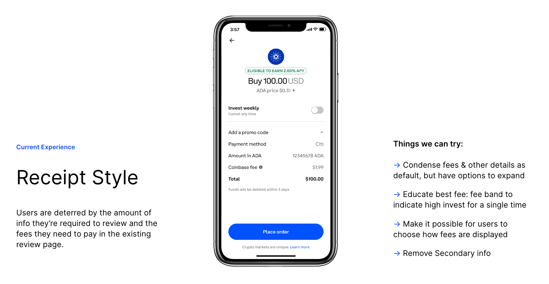 Current experience: receipt style review page