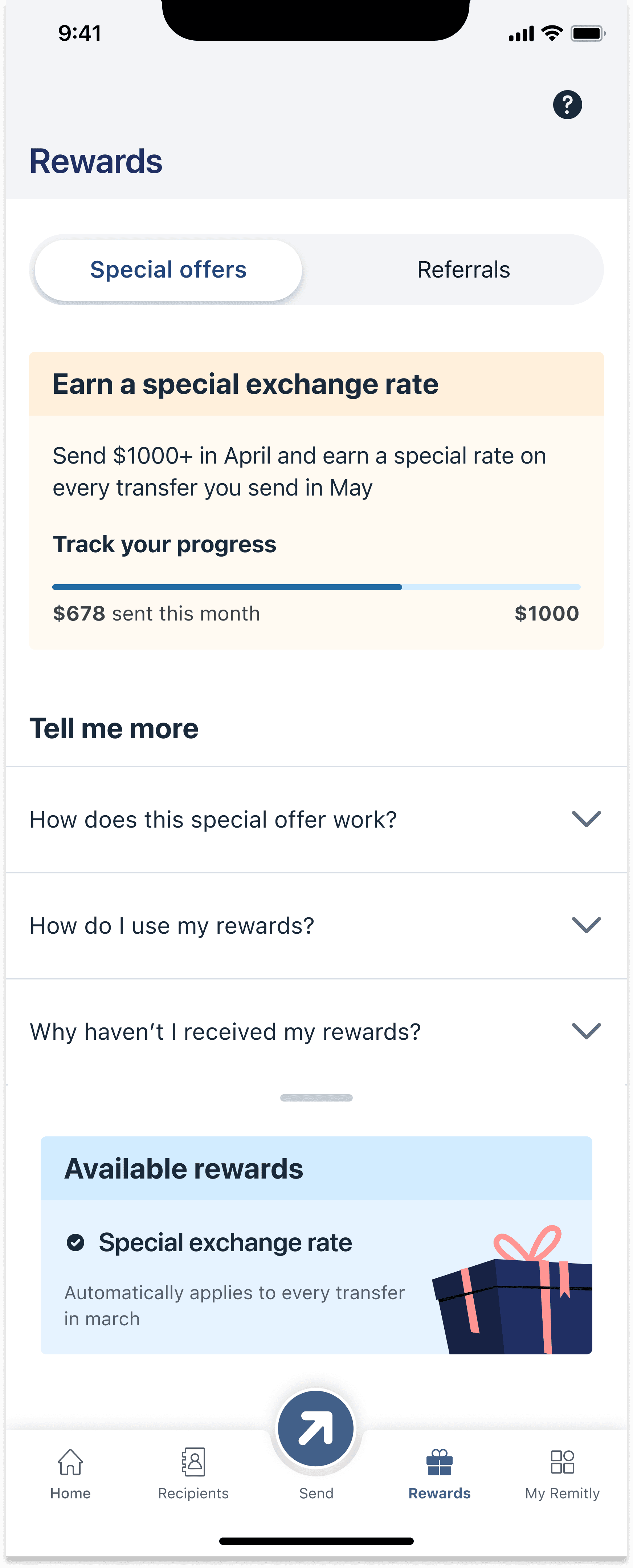 Rewards tab with special offers, FAQs, and available rewards