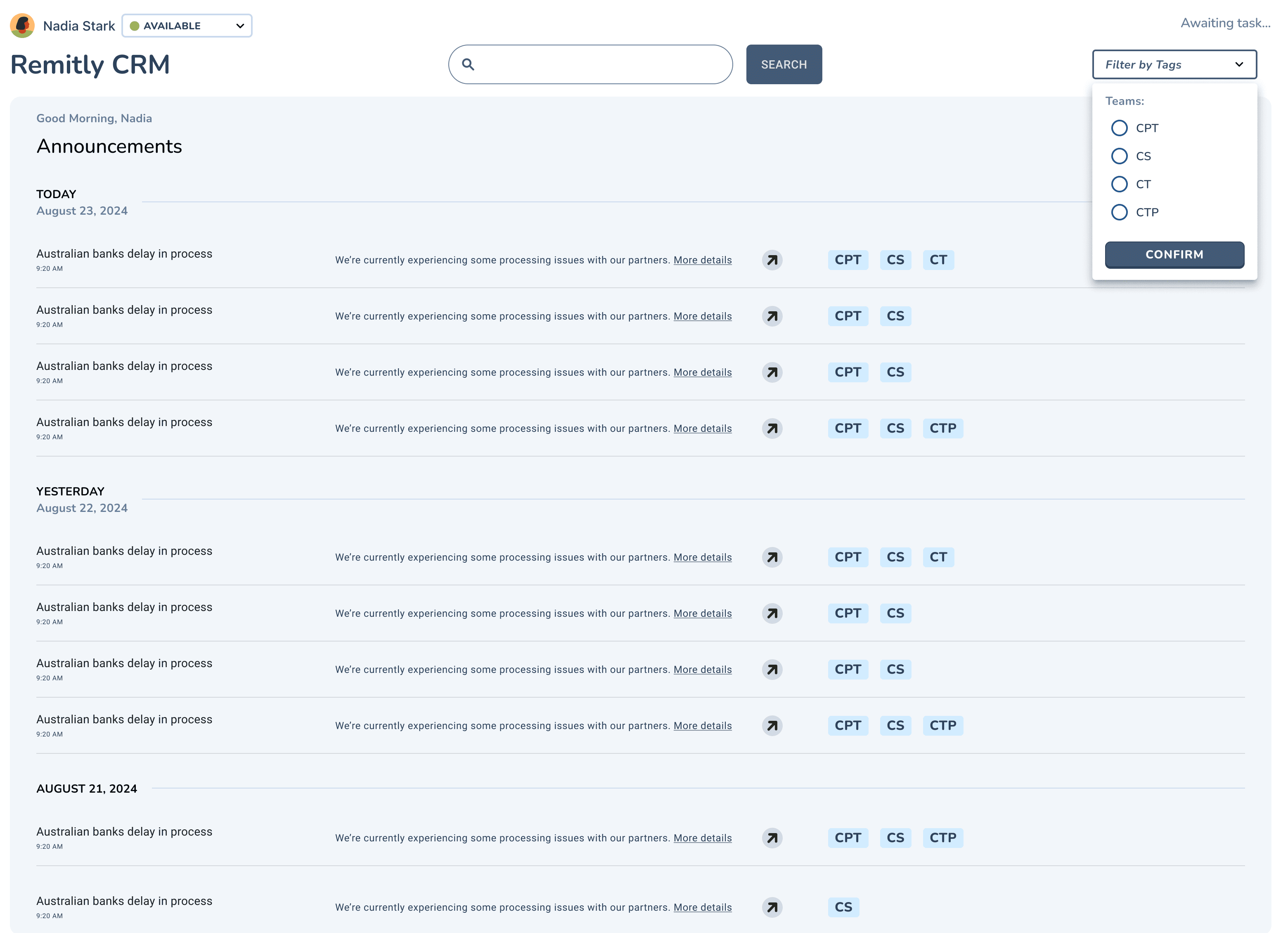 Home layout with announcements filtered by tags