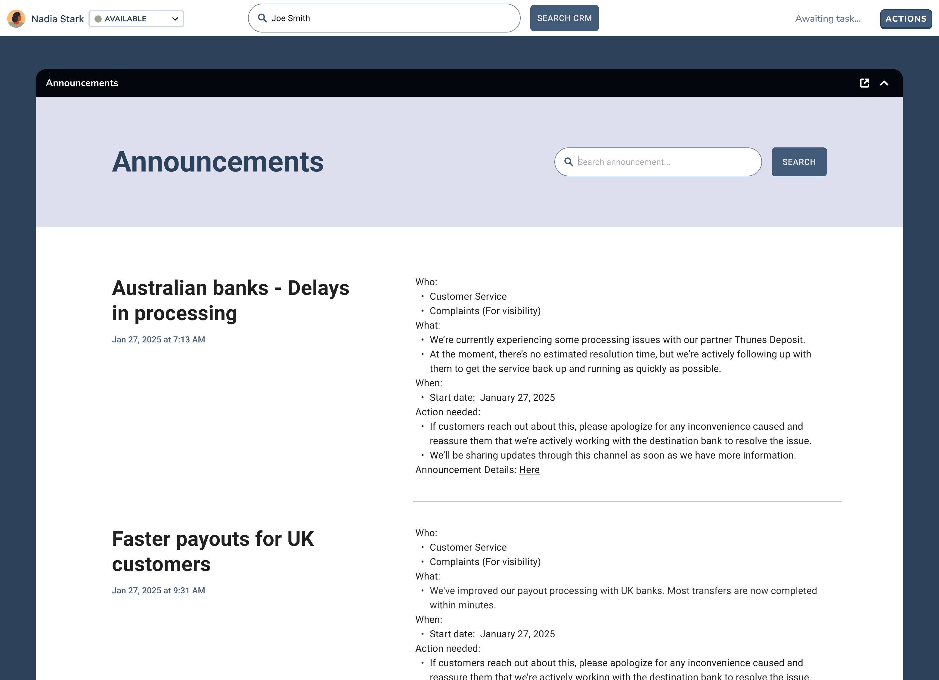 Full-page announcements layout