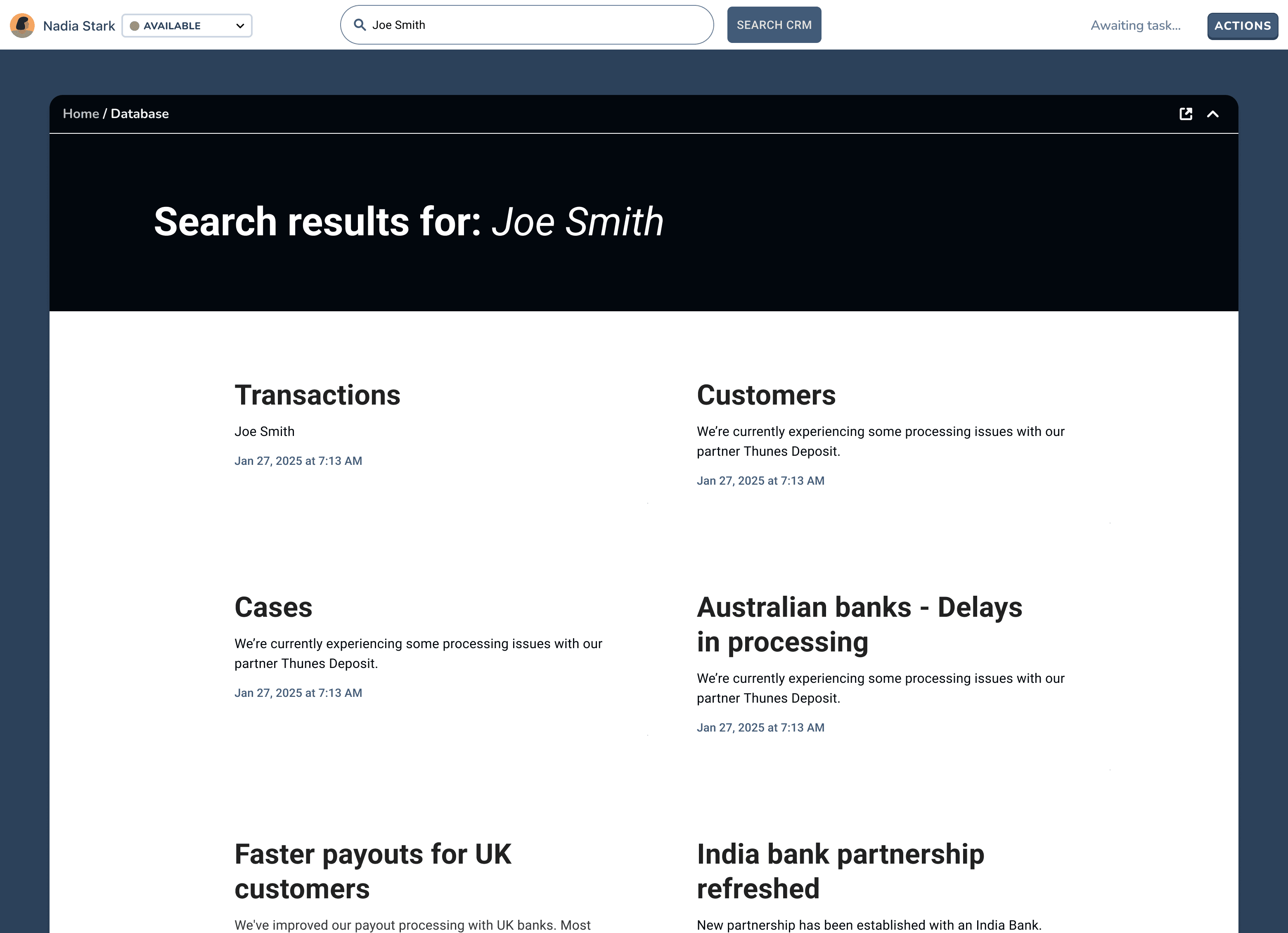 Search results grouped by type