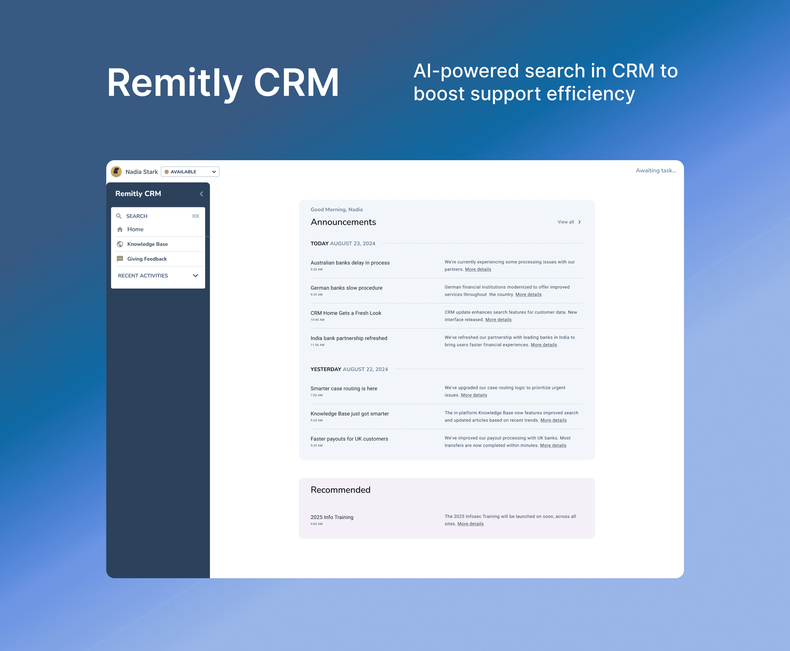 Remitly CRM — AI-powered search in CRM to boost support efficiency