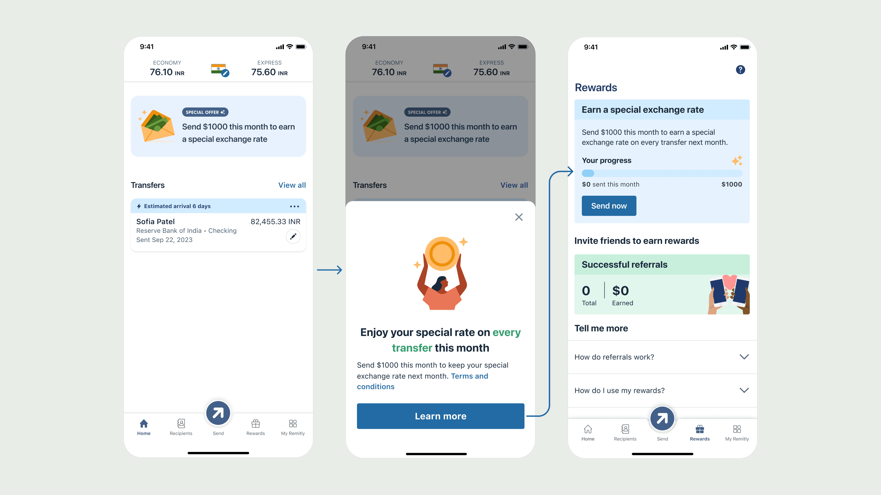 Exploration flow from home card to bottom sheet to rewards tab