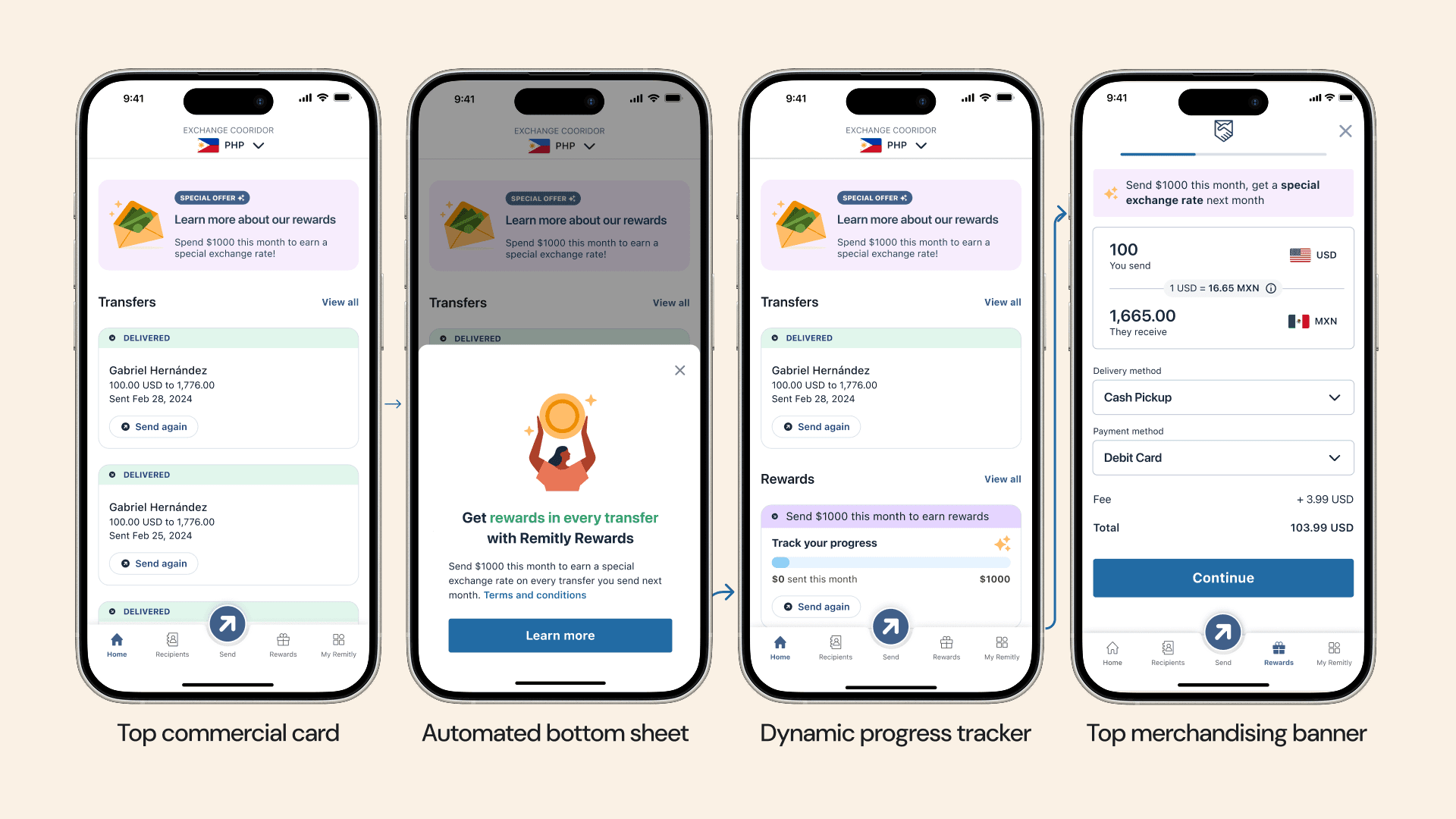 User flow: top commercial card, automated bottom sheet, dynamic progress tracker, top merchandising banner