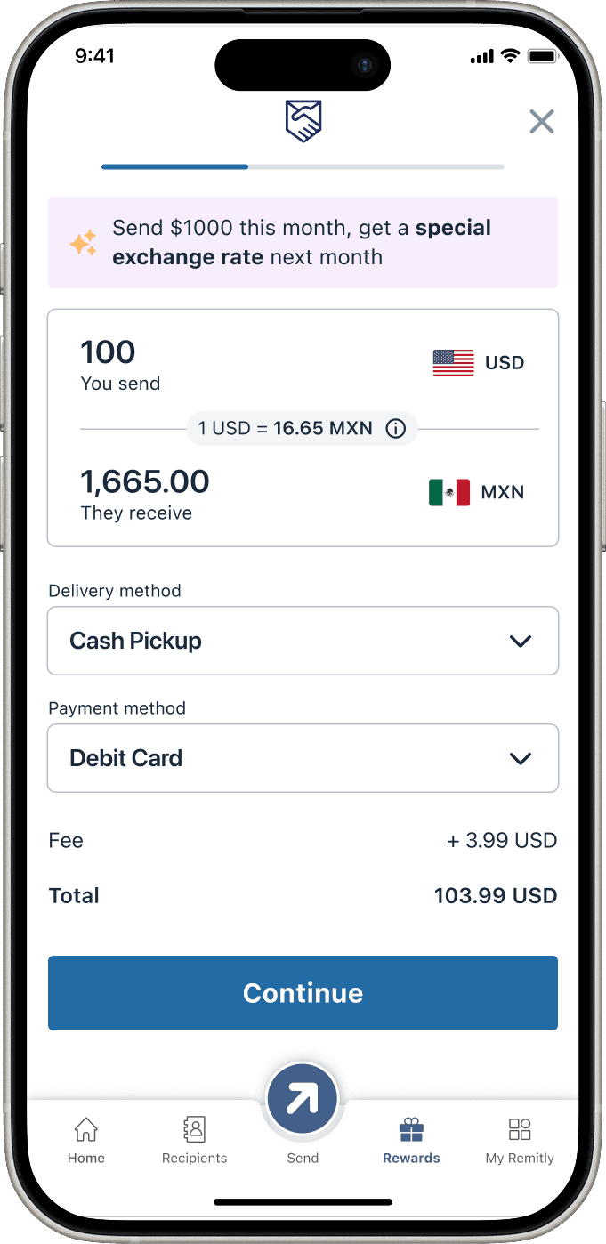Final send flow with banner and exchange rate component