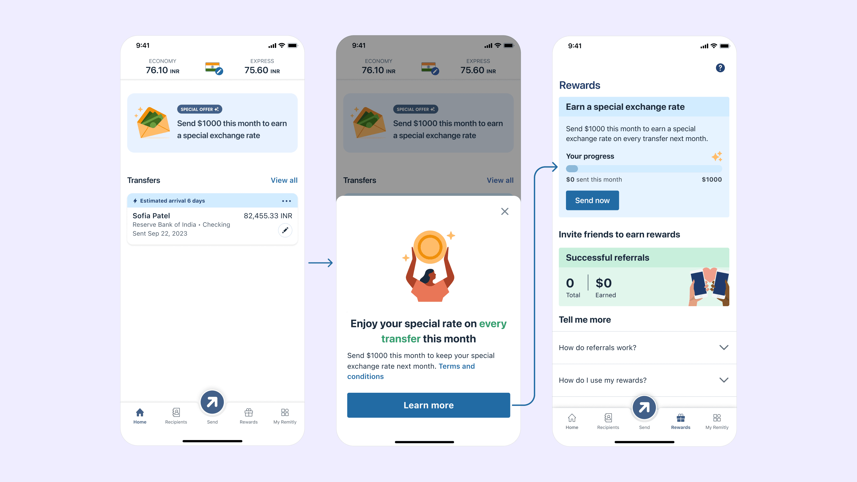 Exploration flow from home card to bottom sheet to rewards tab