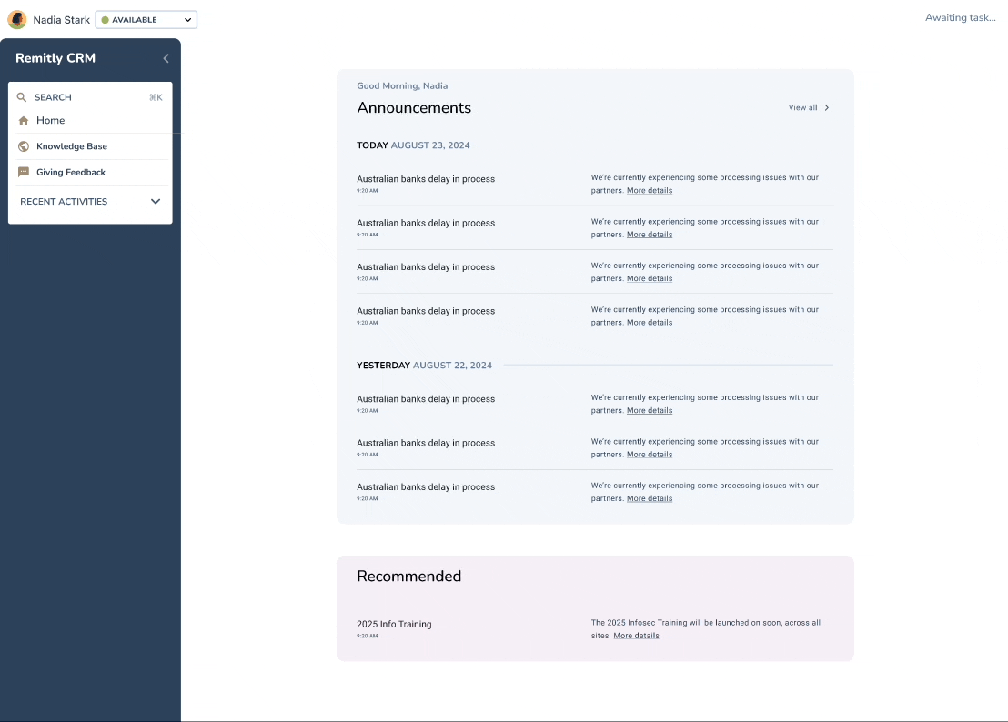 CRM Home & Search at Remitly